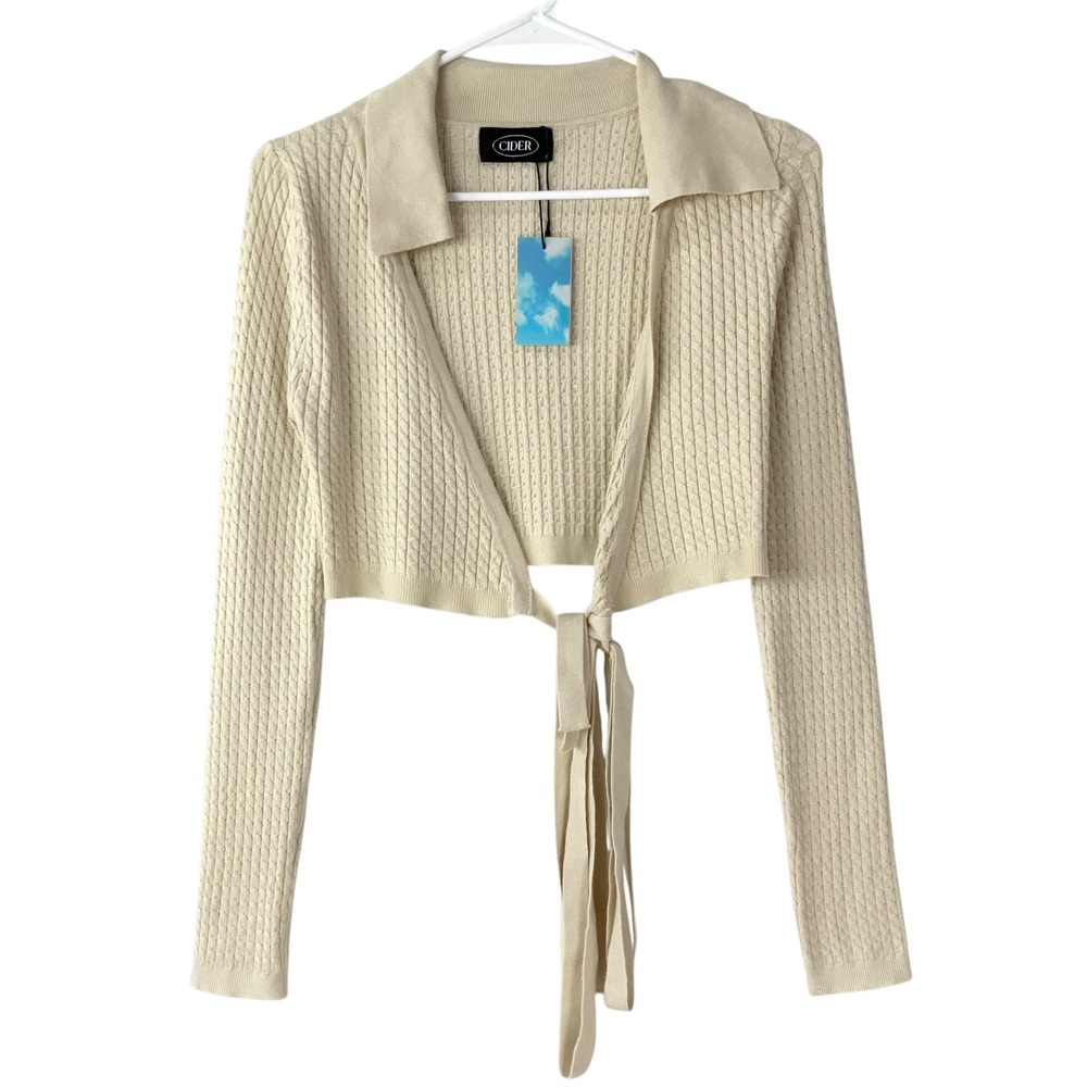 Cider Beige Textured Knit Cropped Cardigan Small Tie Front Collared Long Sleeve